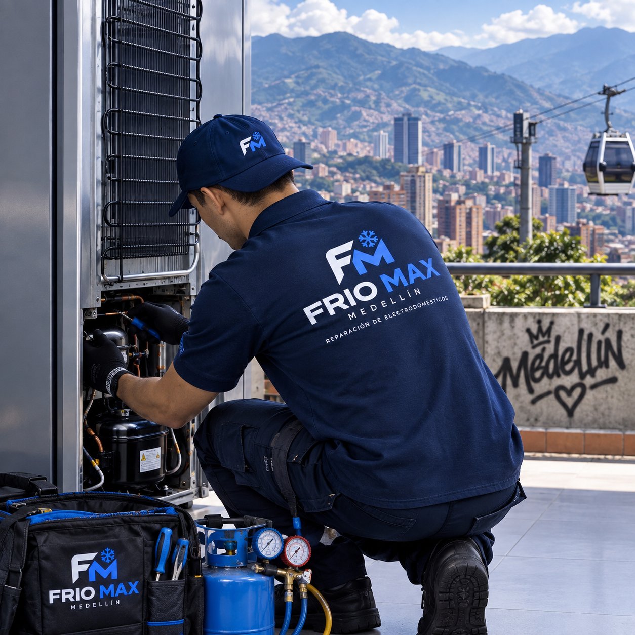 Técnico de Frío Max realizando mantenimiento de aire acondicionado en Medellín